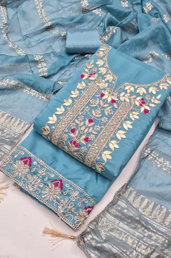 women's steel blue unstitched roman silk dress material with woven dupatta