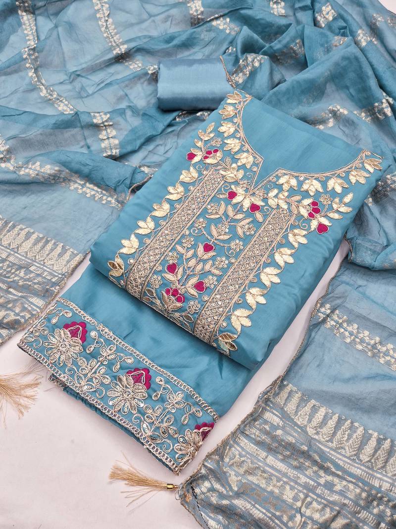 women's steel blue unstitched roman silk dress material with woven dupatta