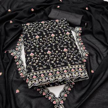 women's black unstitched vichitra dress material with embroidered dupatta 1