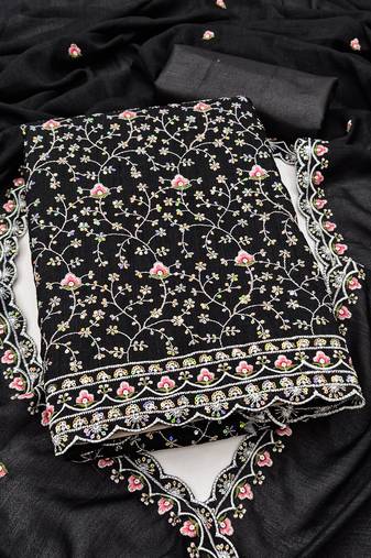 women's black unstitched vichitra dress material with embroidered dupatta
