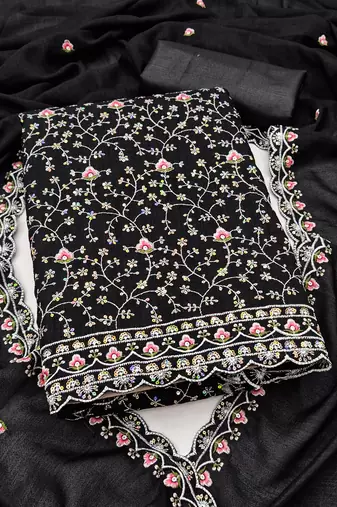 women's black unstitched vichitra dress material with embroidered dupatta