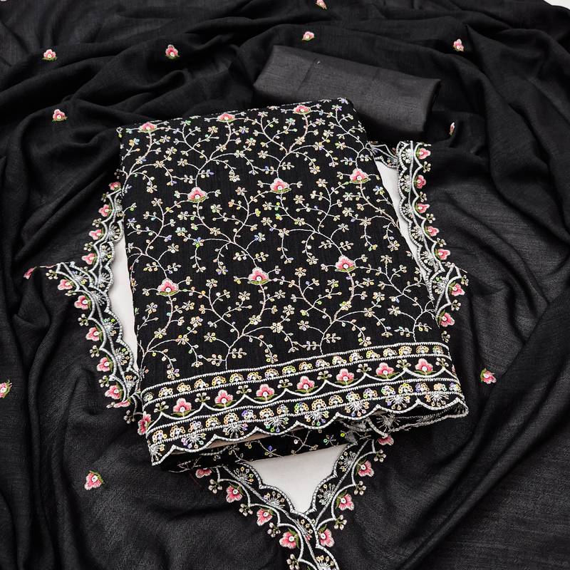 women's black unstitched vichitra dress material with embroidered dupatta