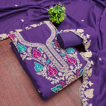 women's blue unstitched vichitra dress material with embroidered dupatta 3