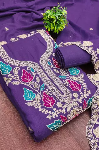women's blue unstitched vichitra dress material with embroidered dupatta