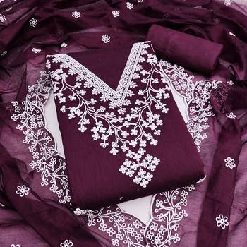 women's voilet unstitched chanderi dress material with embroidered dupatta  1