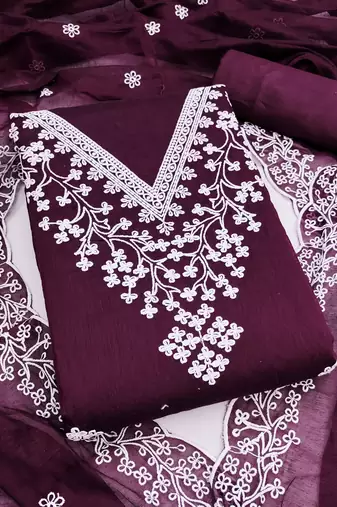women's voilet unstitched chanderi dress material with embroidered dupatta 