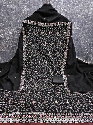 women's black unstitched vichitra dress material with embroidered dupatta 2
