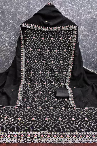 women's black unstitched vichitra dress material with embroidered dupatta