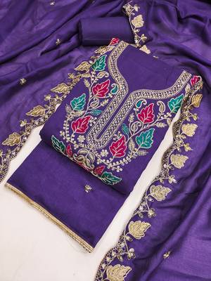 women's blue unstitched vichitra dress material with embroidered dupatta 4
