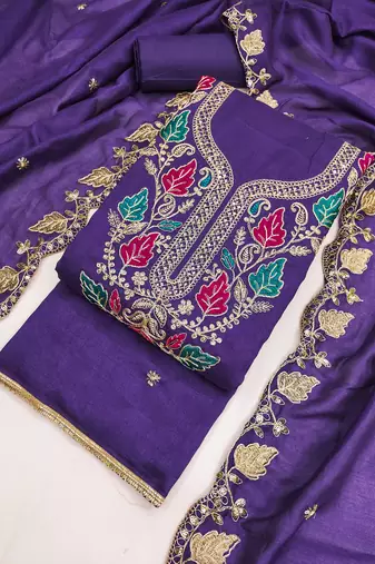 women's blue unstitched vichitra dress material with embroidered dupatta