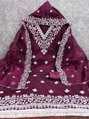 women's voilet unstitched chanderi dress material with embroidered dupatta  2