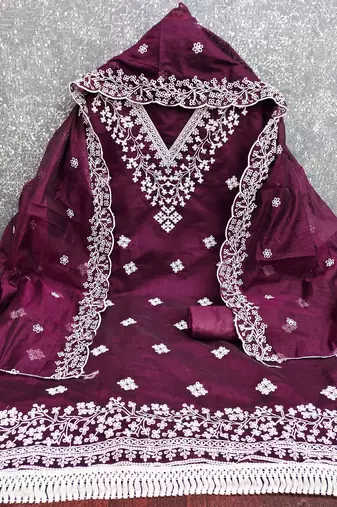 women's voilet unstitched chanderi dress material with embroidered dupatta 