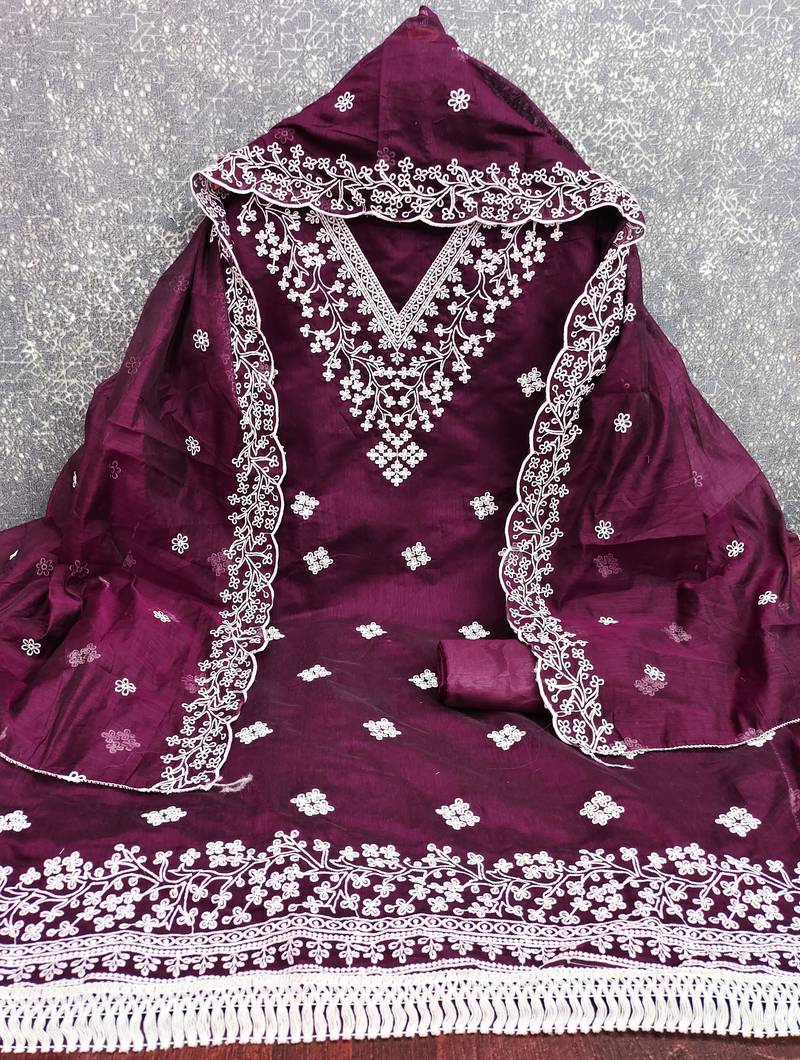 women's voilet unstitched chanderi dress material with embroidered dupatta 