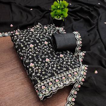 women's black unstitched vichitra dress material with embroidered dupatta 3