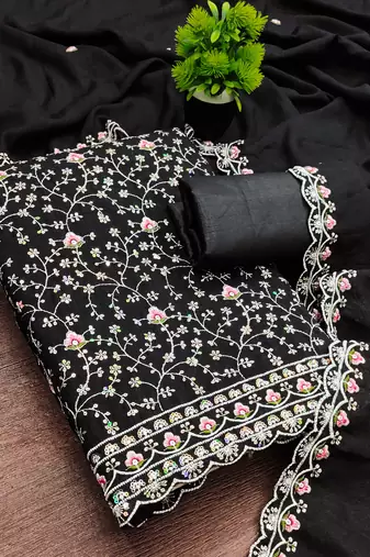 women's black unstitched vichitra dress material with embroidered dupatta