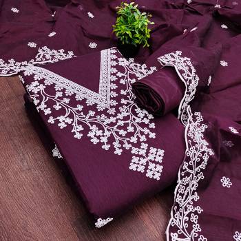 women's voilet unstitched chanderi dress material with embroidered dupatta  3