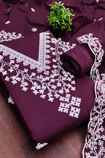 women's voilet unstitched chanderi dress material with embroidered dupatta 