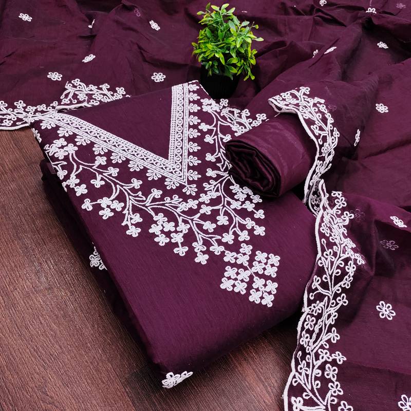 women's voilet unstitched chanderi dress material with embroidered dupatta 