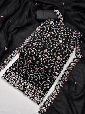 women's black unstitched vichitra dress material with embroidered dupatta 4