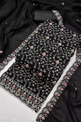 women's black unstitched vichitra dress material with embroidered dupatta