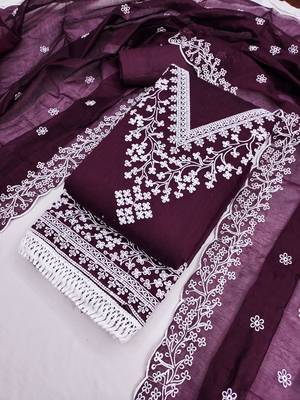 women's voilet unstitched chanderi dress material with embroidered dupatta  4