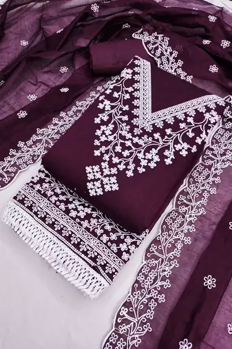 women's voilet unstitched chanderi dress material with embroidered dupatta 