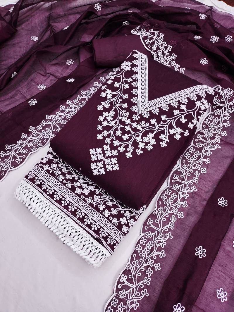 women's voilet unstitched chanderi dress material with embroidered dupatta 