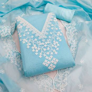 women's sky blue unstitched chanderi dress material with embroidered dupatta 1