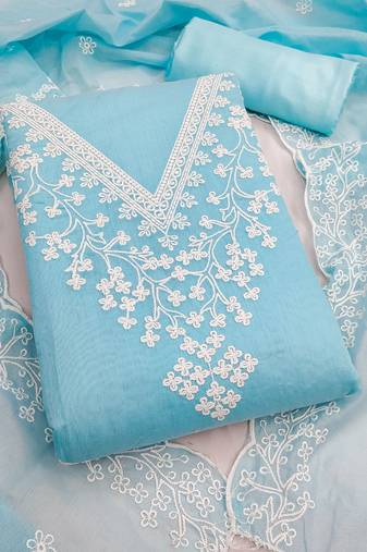 women's sky blue unstitched chanderi dress material with embroidered dupatta