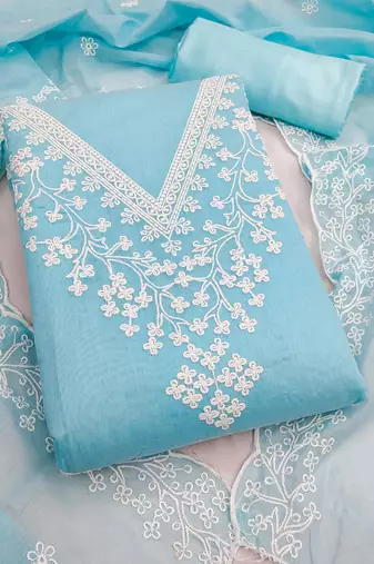 women's sky blue unstitched chanderi dress material with embroidered dupatta