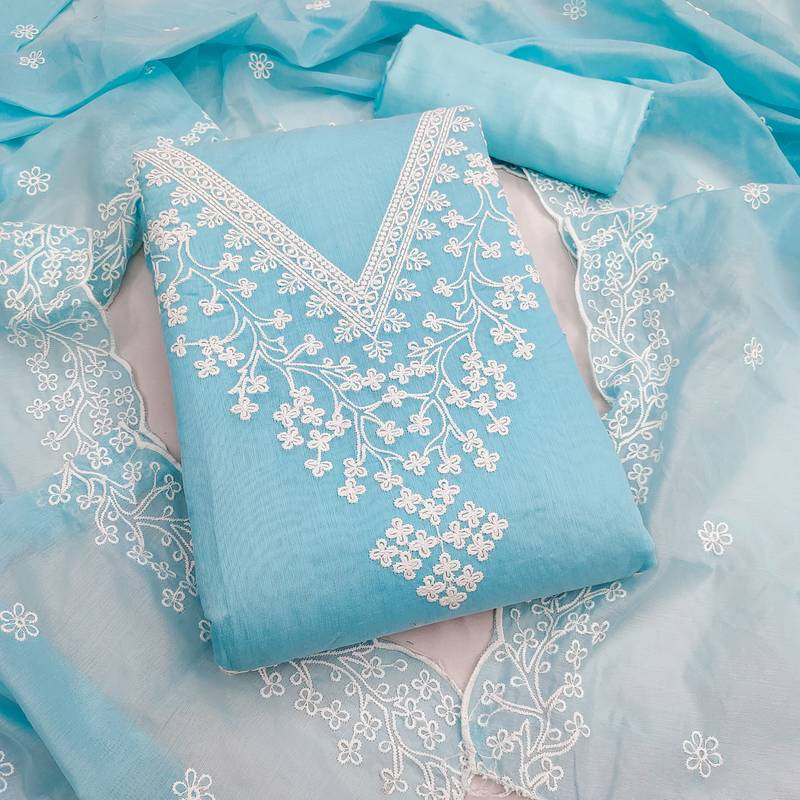 women's sky blue unstitched chanderi dress material with embroidered dupatta