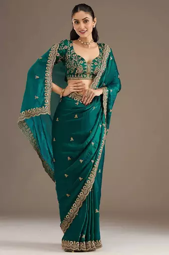 Fetching rama green tissue silk zari and sequins embroidered indian latest design ethnic saree