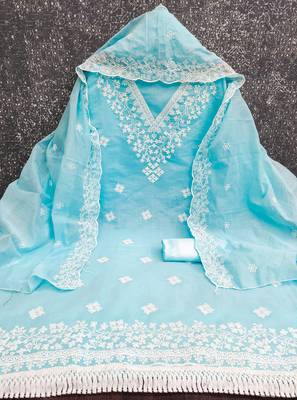 women's sky blue unstitched chanderi dress material with embroidered dupatta 2