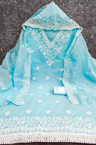 women's sky blue unstitched chanderi dress material with embroidered dupatta