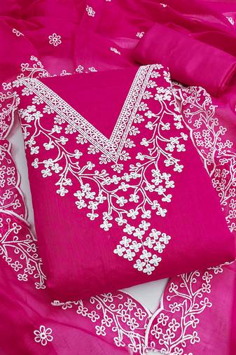 women's magenta unstitched chanderi dress material with embroidered dupatta