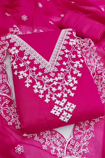 women's magenta unstitched chanderi dress material with embroidered dupatta