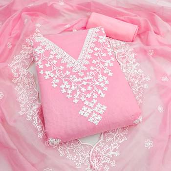 women's baby pink unstitched chanderi dress material with embroidered dupatta  1