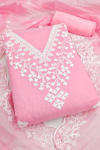 women's baby pink unstitched chanderi dress material with embroidered dupatta 