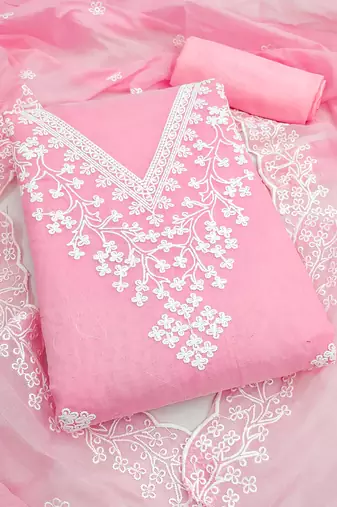 women's baby pink unstitched chanderi dress material with embroidered dupatta 