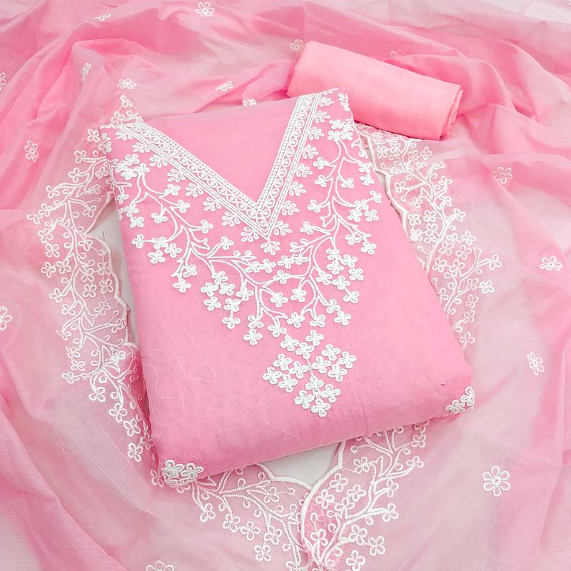 women's baby pink unstitched chanderi dress material with embroidered dupatta 