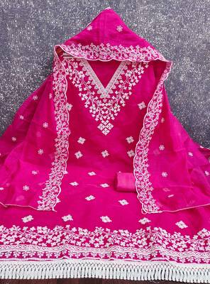 women's magenta unstitched chanderi dress material with embroidered dupatta 2