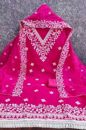 women's magenta unstitched chanderi dress material with embroidered dupatta
