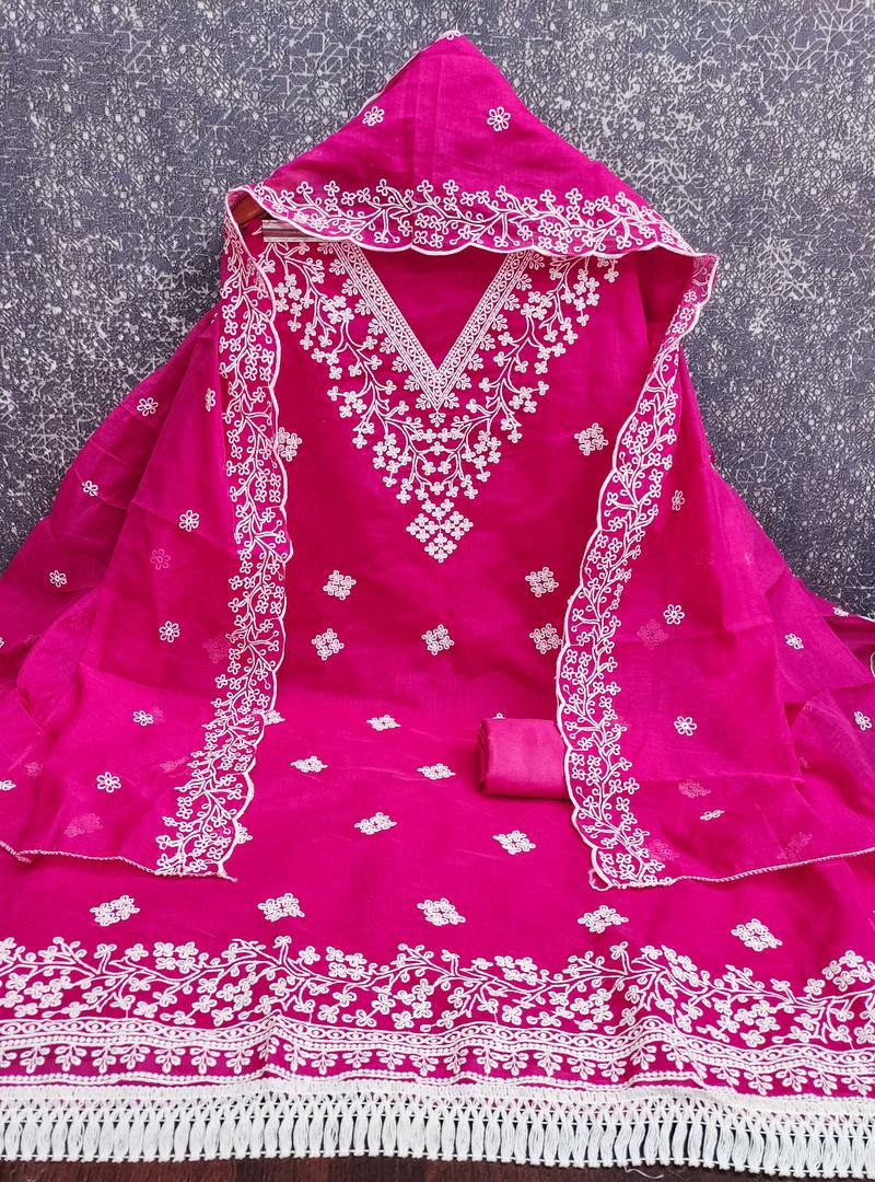 women's magenta unstitched chanderi dress material with embroidered dupatta