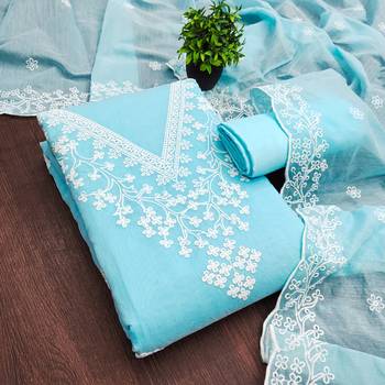 women's sky blue unstitched chanderi dress material with embroidered dupatta 3