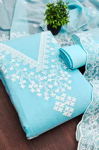 women's sky blue unstitched chanderi dress material with embroidered dupatta