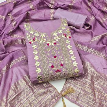 women's lavender unstitched roman silk dress material with woven dupatta 1