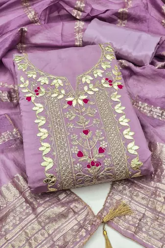 women's lavender unstitched roman silk dress material with woven dupatta