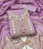 women's lavender unstitched roman silk dress material with woven dupatta