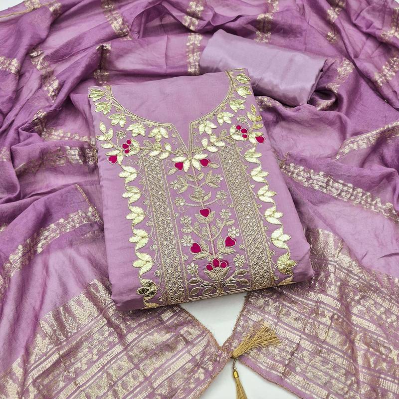 women's lavender unstitched roman silk dress material with woven dupatta