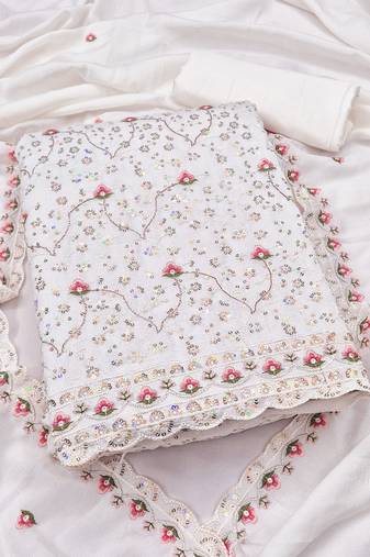 women's white unstitched vichitra dress material with embroidered dupatta